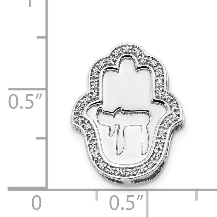 14k White Gold Polish 1/10-CT Diamond Chai Hamsa Chain Slide Pendant