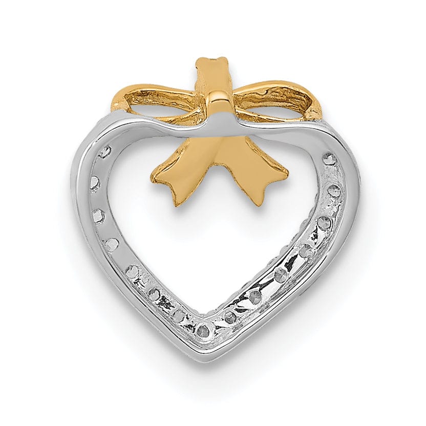 14k Yellow Gold, White Rhodium Polished Finish Open Back 1/10 CT Diamond Heart with Bow Design Chain Slide Pendant will not fit Omega chain