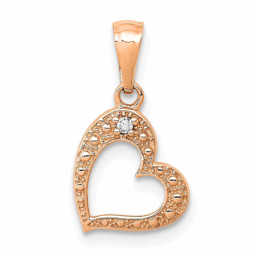 14k Rose Gold Beaded Textured Polished Finish 01ct. Diamond Slanted Heart Shape Design Pendant