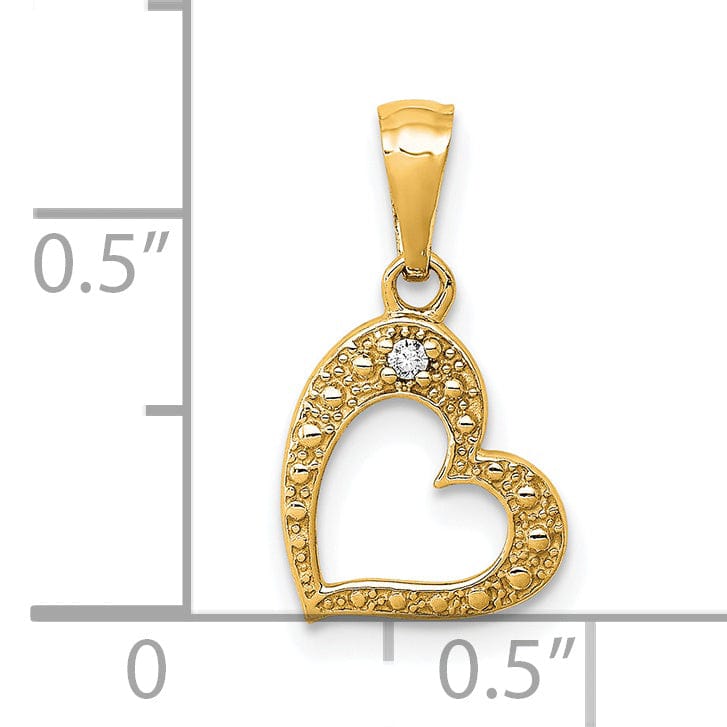 14k Yellow Gold Beaded Textured Polished Finish 01ct. Diamond Slanted Heart Shape Design Pendant
