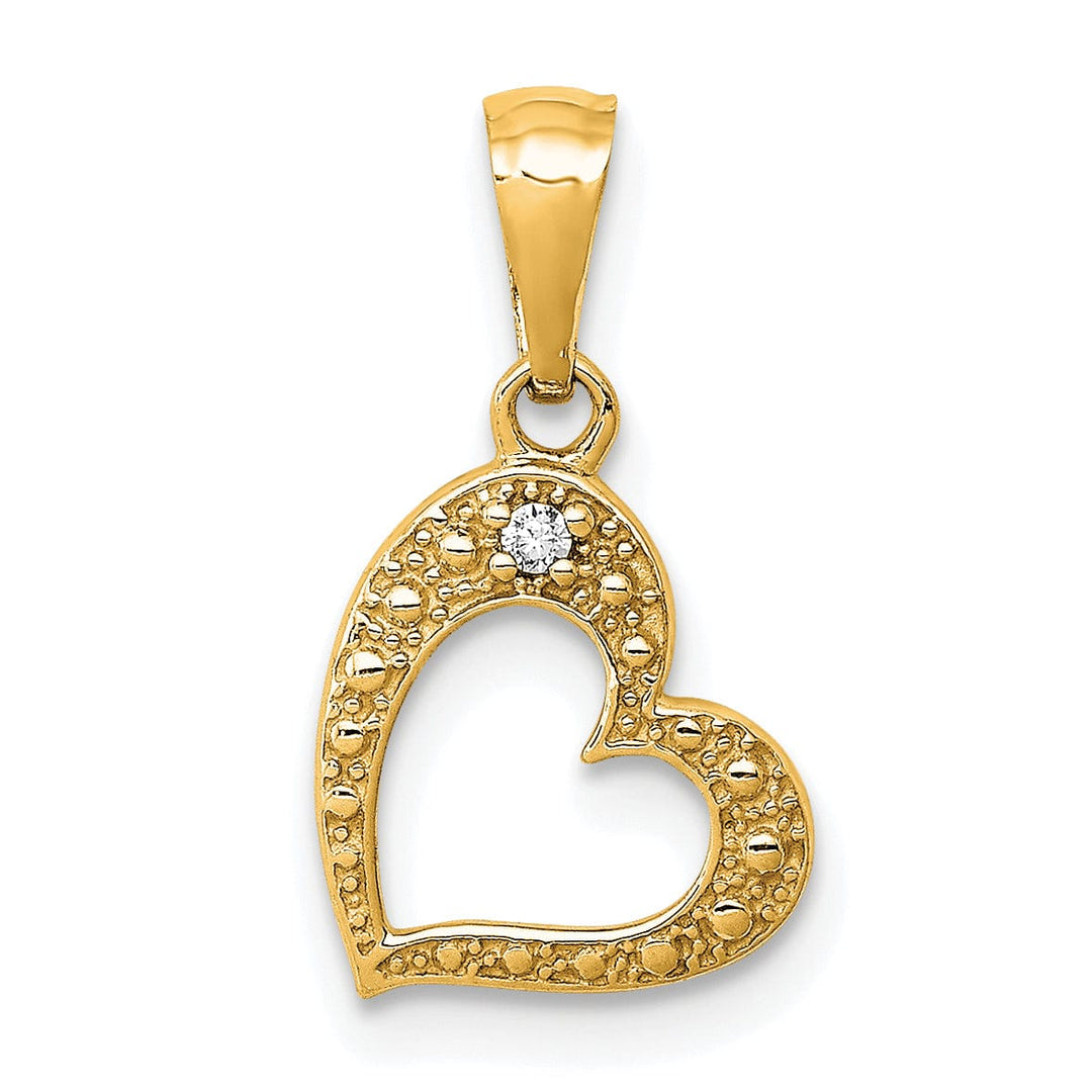 14k Yellow Gold Beaded Textured Polished Finish 01ct. Diamond Slanted Heart Shape Design Pendant