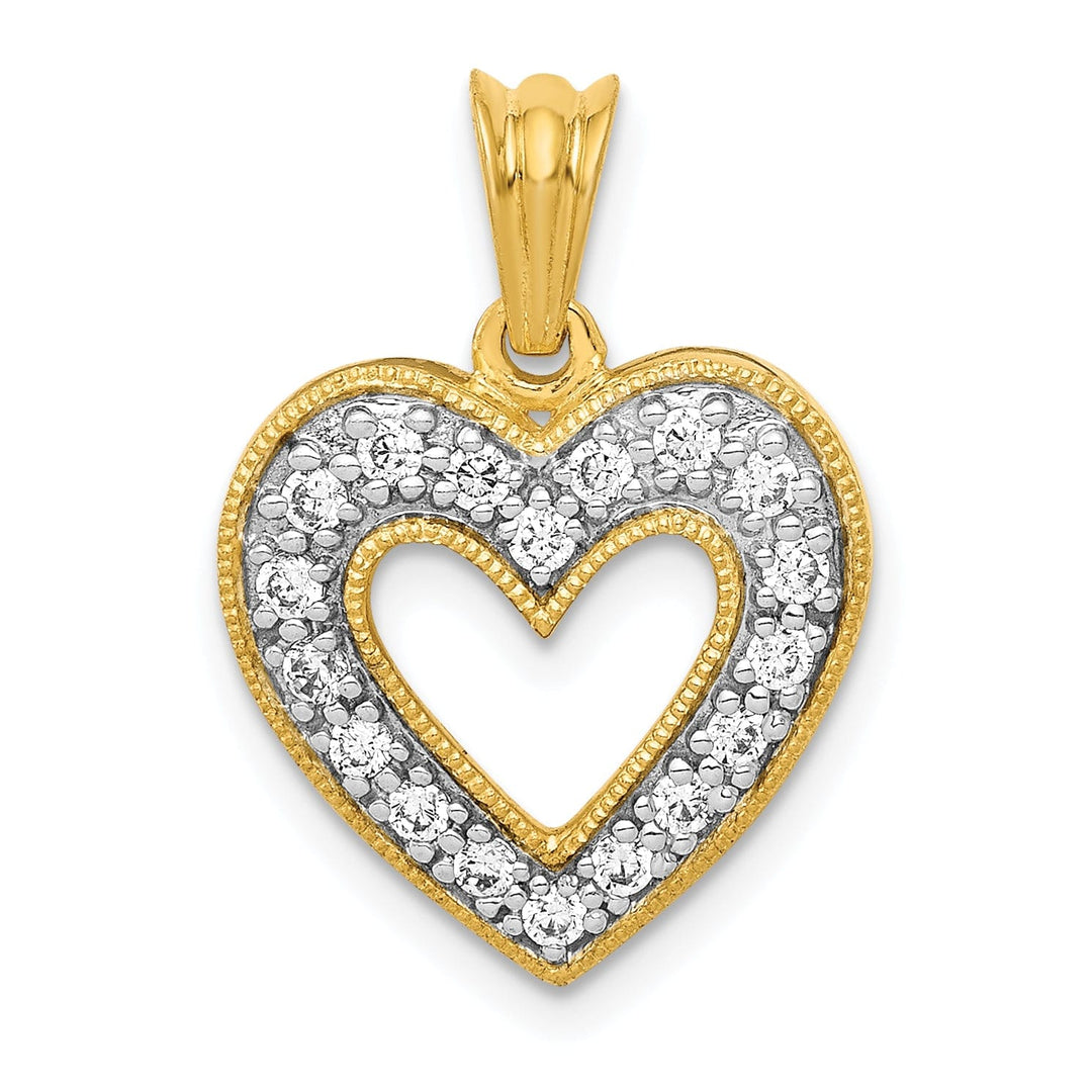 14k Yellow Gold, White Rhodium Beaded Tectured Polished Finish 1/4-ct Round Diamond Heart Design Charm Pendant