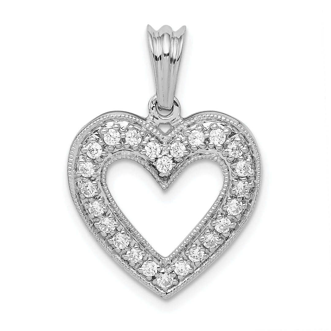 14k White Gold, Beaded Tectured Polished Finish 1/3-ct Round Diamond Heart Design Charm Pendant