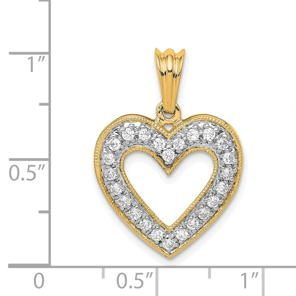 14k Yellow Gold, White Rhodium Polished Finish Open Back 1/3-CT Diamond Heart Design Charm Pendant