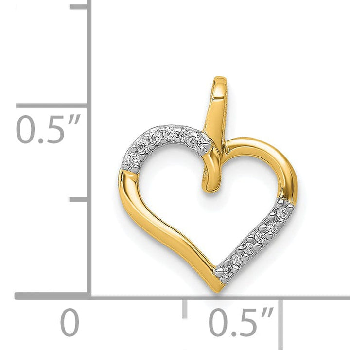14k Yellow Gold, White Rhodium Closed Back Polished Finish 0.044 CT Diamond Fancy Heart Design Charm Pendant