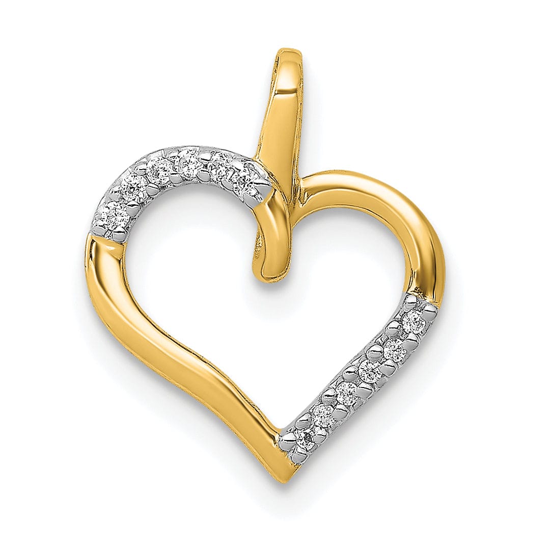 14k Yellow Gold, White Rhodium Closed Back Polished Finish 0.044 CT Diamond Fancy Heart Design Charm Pendant