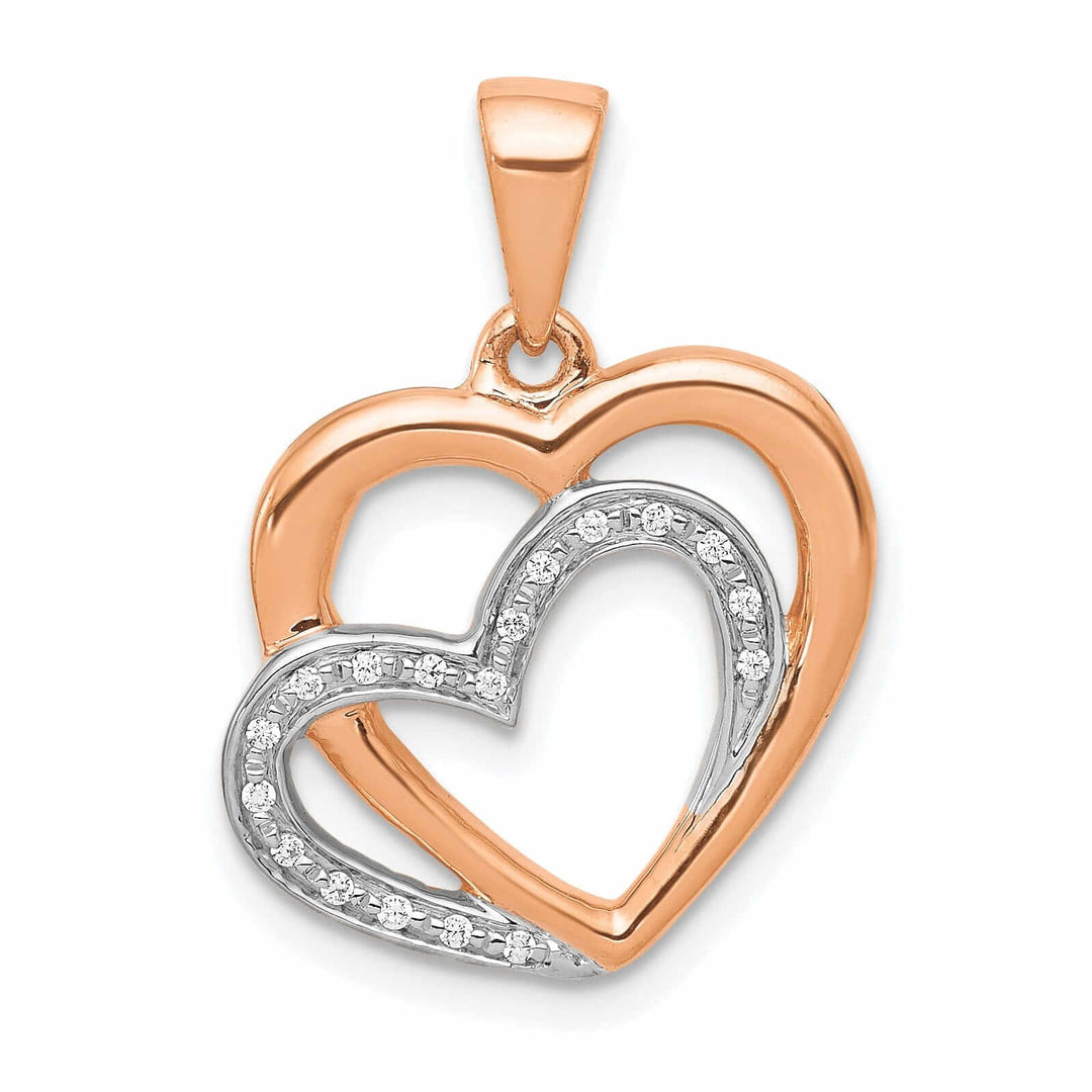 14k Rose Gold, White Rhodium Polished Finish Open Back 0.054-CT Diamond Two Entwined Hearts Design Charm Pendant