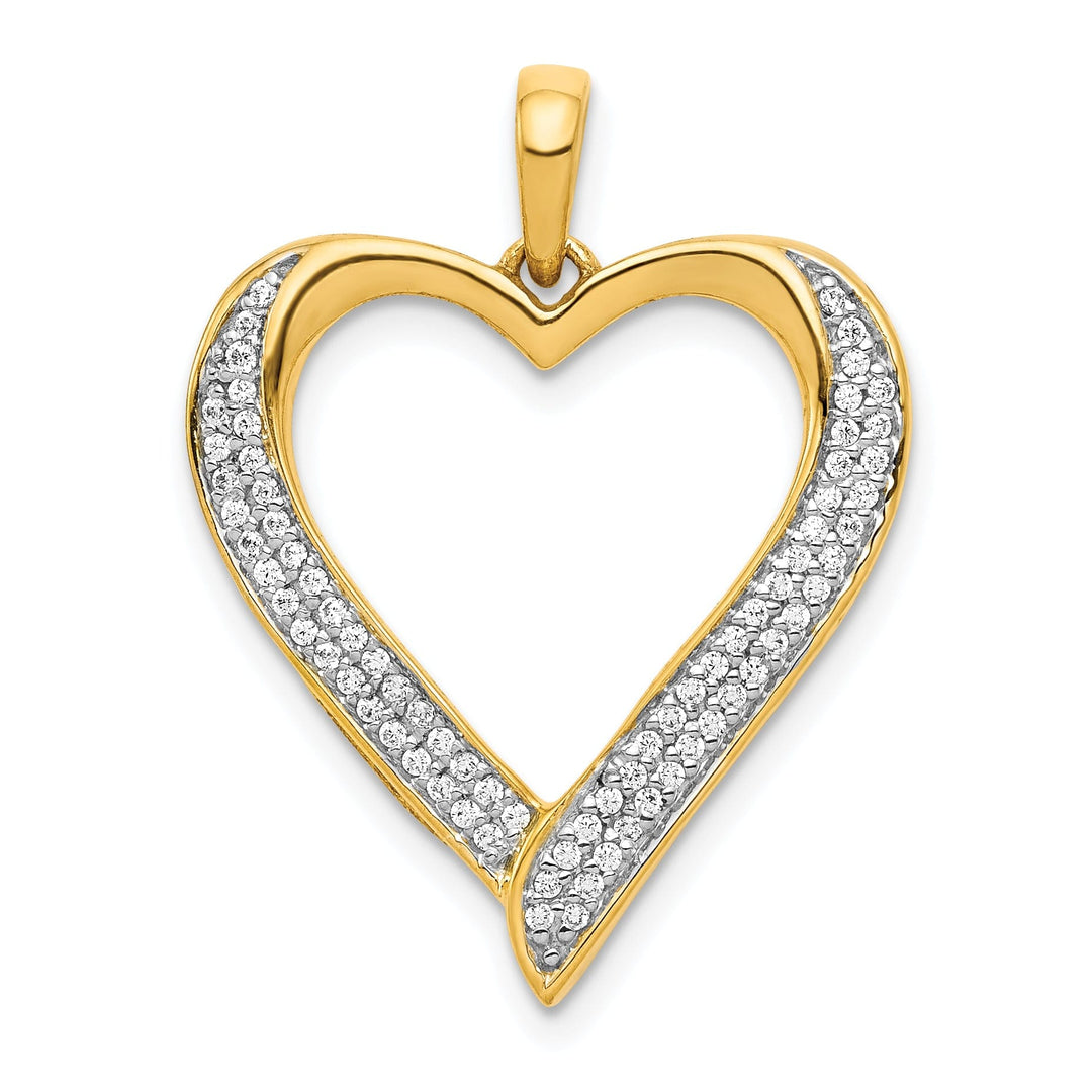 14k Yellow Gold, White Rhodium Polished Finish Open Back 0.228-CT Diamond Sleek Shape Design Heart Charm Pendant
