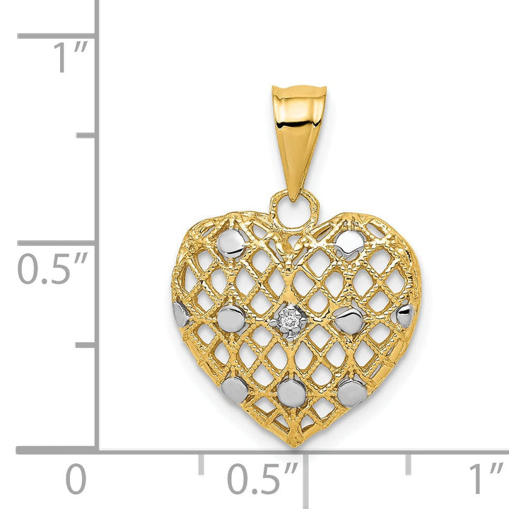 14k Yellow Gold, White Rhodium Solid Textured Polished Finish 0.005-CT Diamond Mesh Heart Design Charm Pendant
