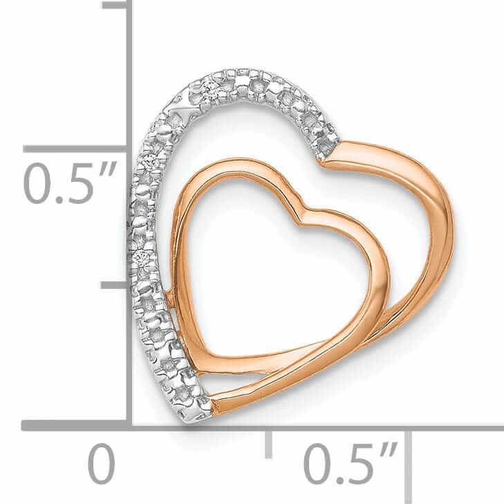 14k Rose Gold, White Rhodium Open Back Polished Finish .01-CT Diamond Double loop in Heart Design Chain Slide Pendant will not fit Omega Chain