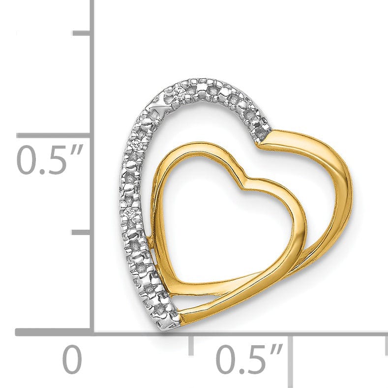 14k Yellow Gold, White Rhodium Open Back Polished Finish 0.01-CT Diamond Double Loop Heart Shape Design Chain Slide Pendant