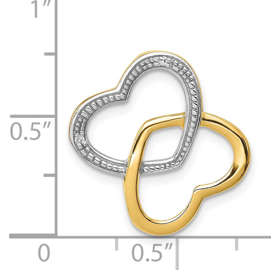 14k Yellow Gold, White Rhodium Polished Finish Concave Shape 0.01-CT Diamond Double Entwined Hearts Style Chain Slide Pendant