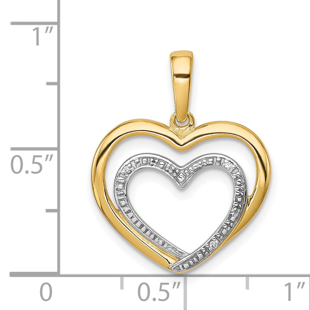 14k Yellow Gold, White Rhodium Open Back Polished Finish 0.009-CT Diamond Double Heart in Heart Swirl Design Charm Pendant