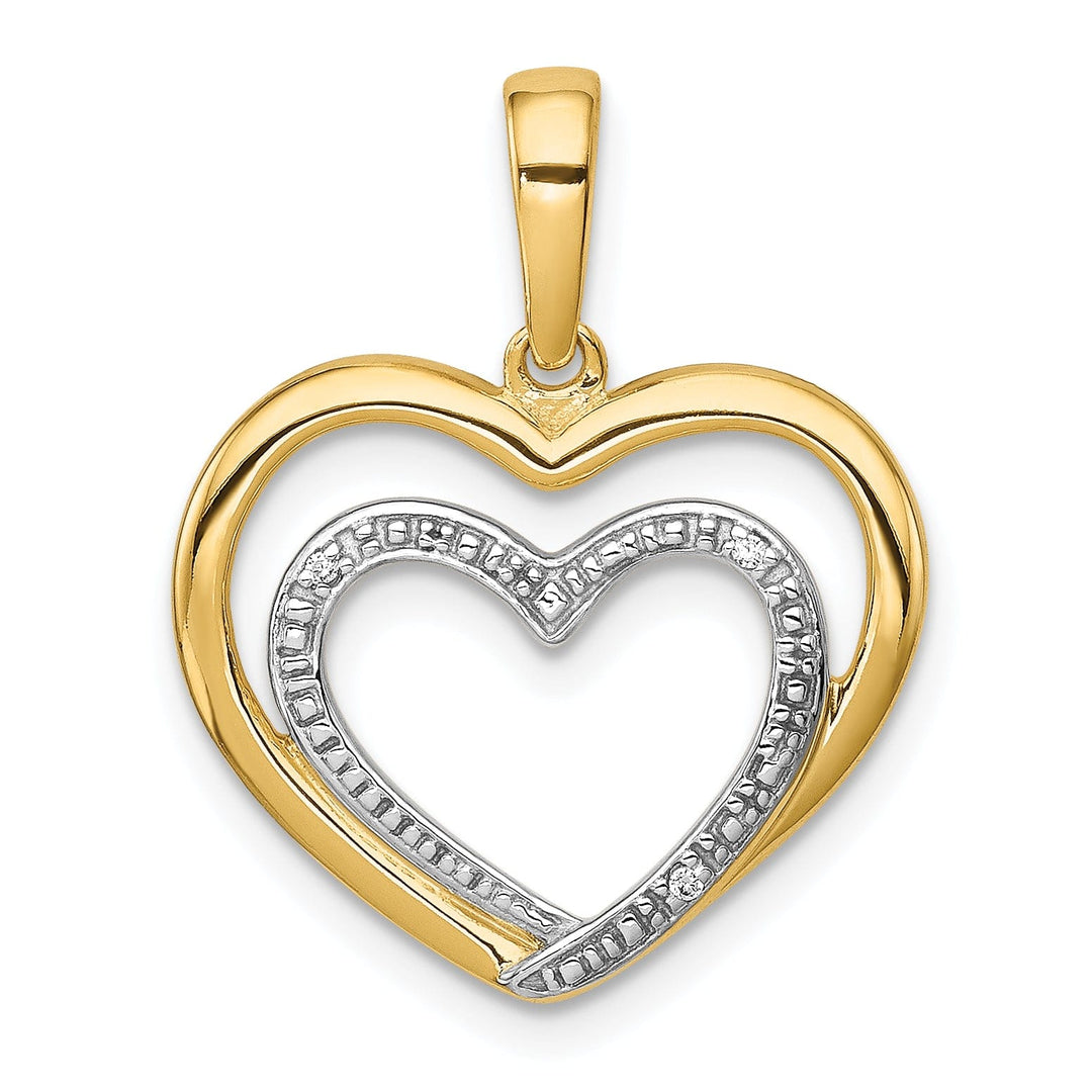 14k Yellow Gold, White Rhodium Open Back Polished Finish 0.009-CT Diamond Double Heart in Heart Swirl Design Charm Pendant