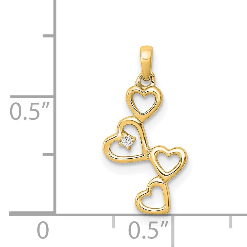 14k Yellow Gold 4-Heart Design with 0.01 CT Diamond Pendant