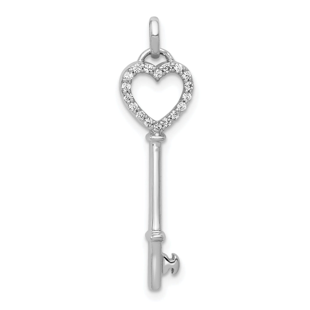 14k White Gold Rhodium 0.108-CT Diamond Fancy Heart Key Design Pendant