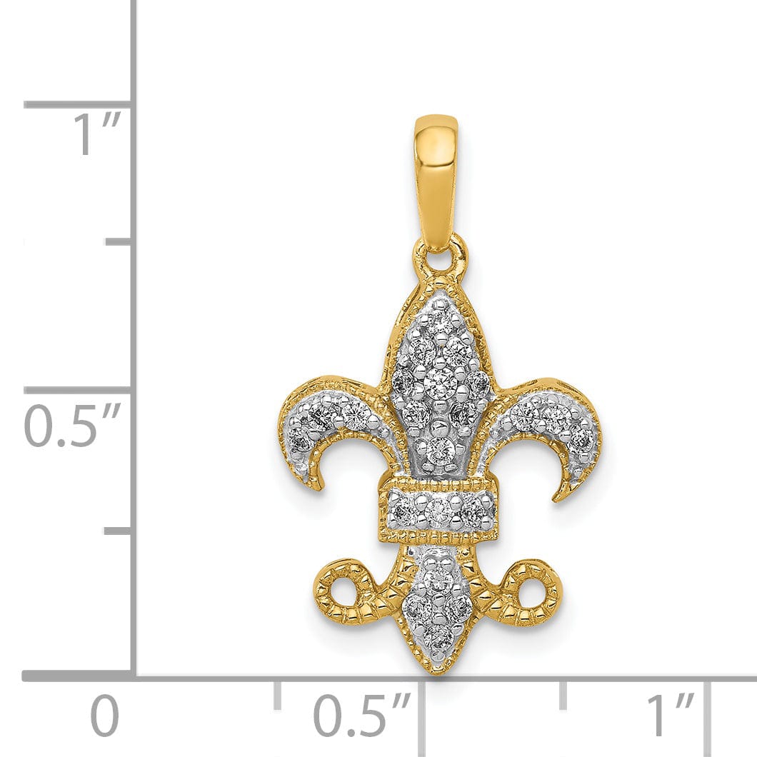 14k Yellow Gold White Rhodium Open Back Polished Finish 0.215CT. Diamond Fleur De Lis Design Charm Pendant