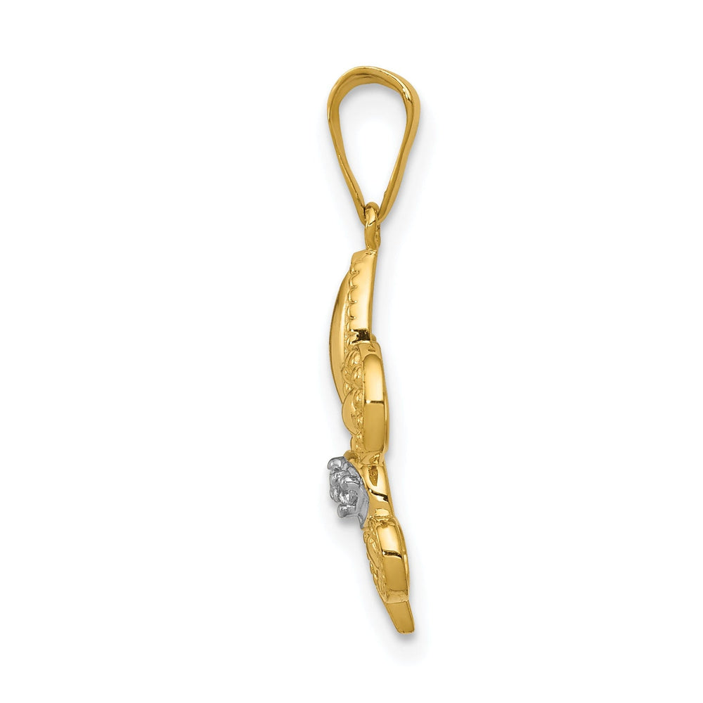 14k Yellow Gold White Rhodium Open Back Textured Polished Finish 0.03CT. Diamond Fleur De Lis Design Charm Pendant