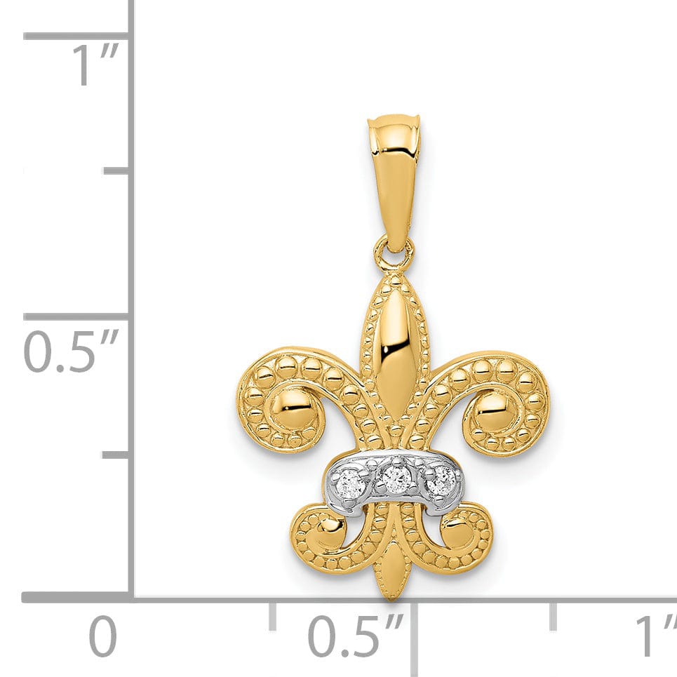 14k Yellow Gold White Rhodium Open Back Textured Polished Finish 0.03CT. Diamond Fleur De Lis Design Charm Pendant