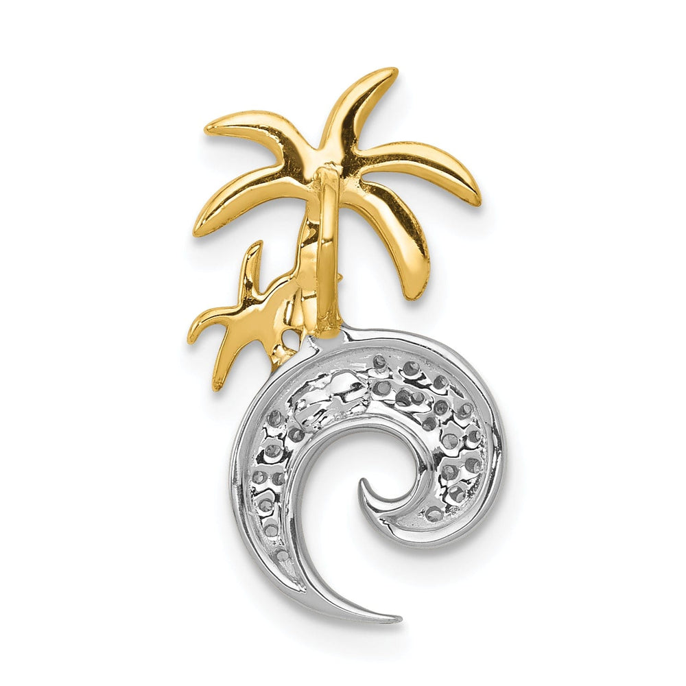 14k Two Tone Gold with Diamonds Concave Shape Double Palm Tree on Wave Design Chain Slide Pendant will not fit omega
