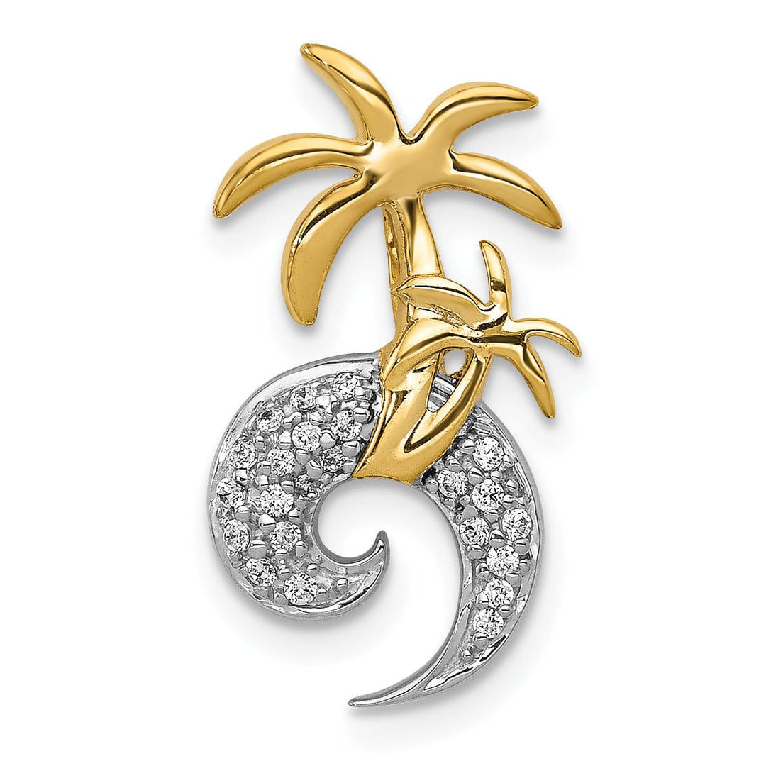 14k Two Tone Gold with Diamonds Concave Shape Double Palm Tree on Wave Design Chain Slide Pendant will not fit omega