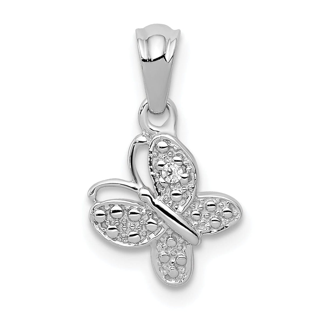 14k White Gold Solid Textured Back Polished Finish .01ct. Diamond Butterfly Charm Pendant
