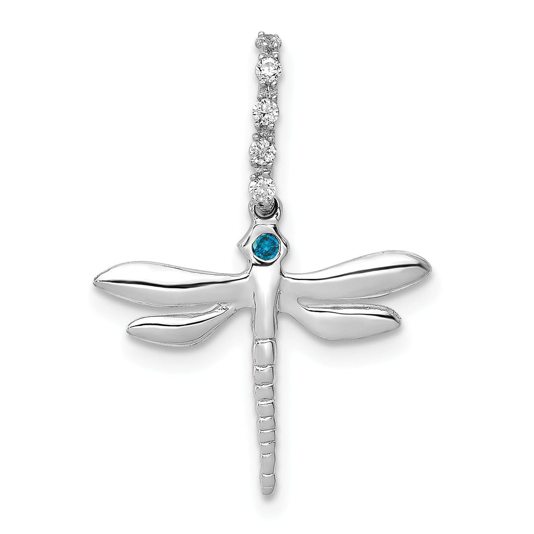 14k White Gold Polished Finish Open Back Blue and White 0.062CT Diamond Dragonfly Design Pendant