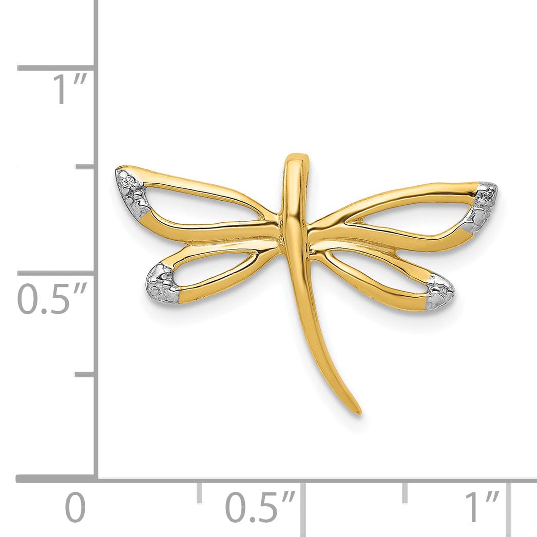 14k Yellow Gold White Rhodium Polished Finish Accent Dragonfly Chain Slide Pendant