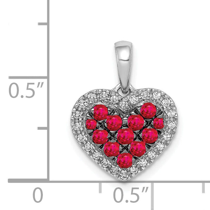 14k White Gold, White, Black Rhodium Polished Finish Open Back 0.12-CT Diamond & 0.308-CT Ruby Heart Design Charm Pendant