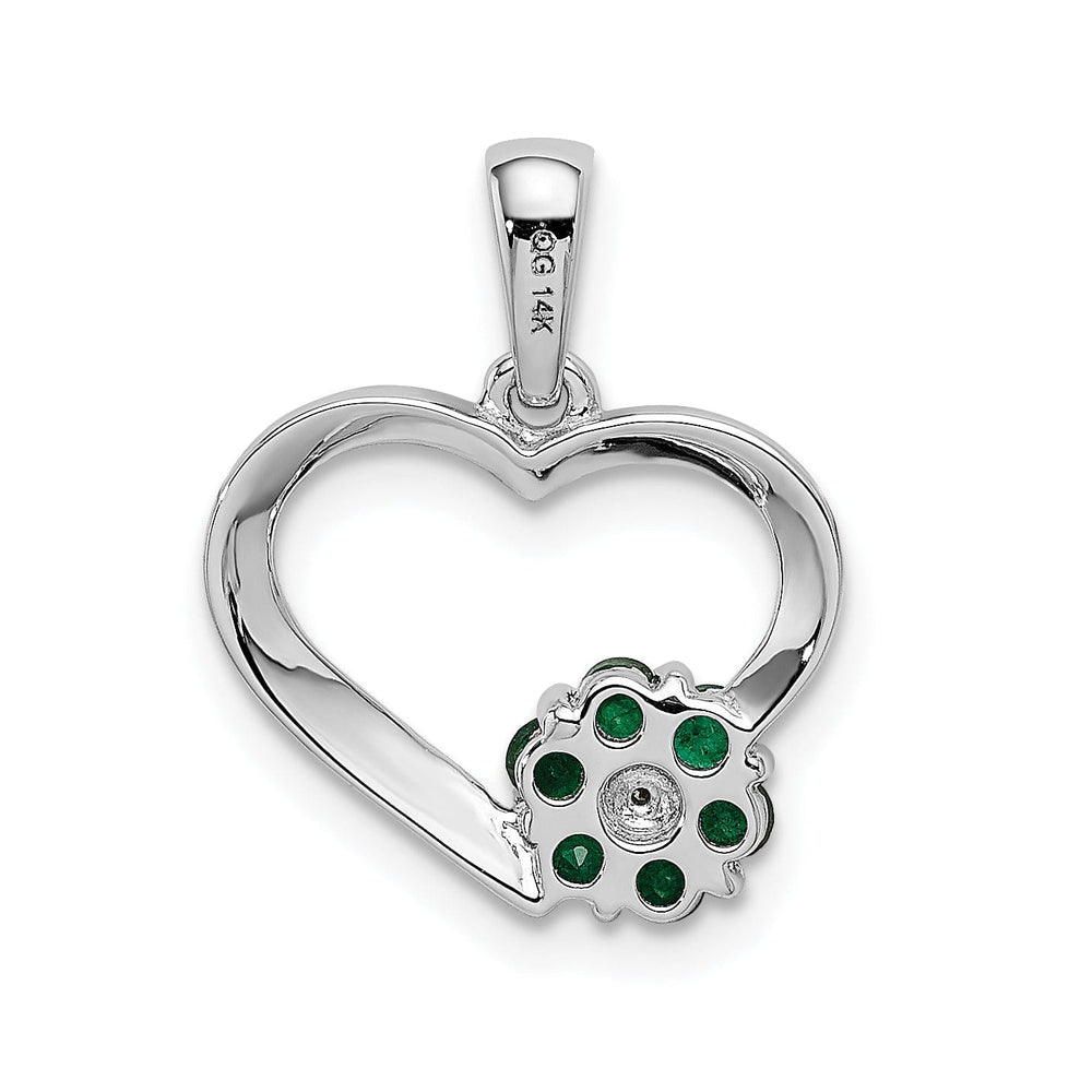 14k White Gold Polished Finish Closed Back 0.003-CT Diamond & 0.155-CT Emerald Stones Heart and Flower Design Charm Pendant