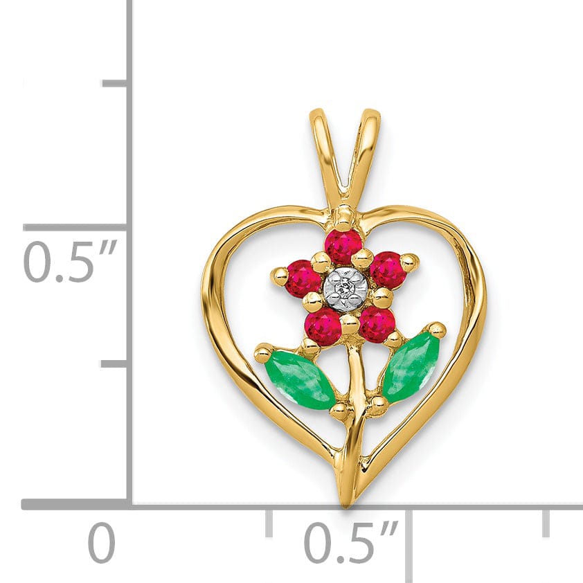 14k Yellow Gold Polished Finish Open Back 0.315-CT Ruby/Emerald/0.003-CT Diamond Beautiful Flower in Heart Design Charm Pendant