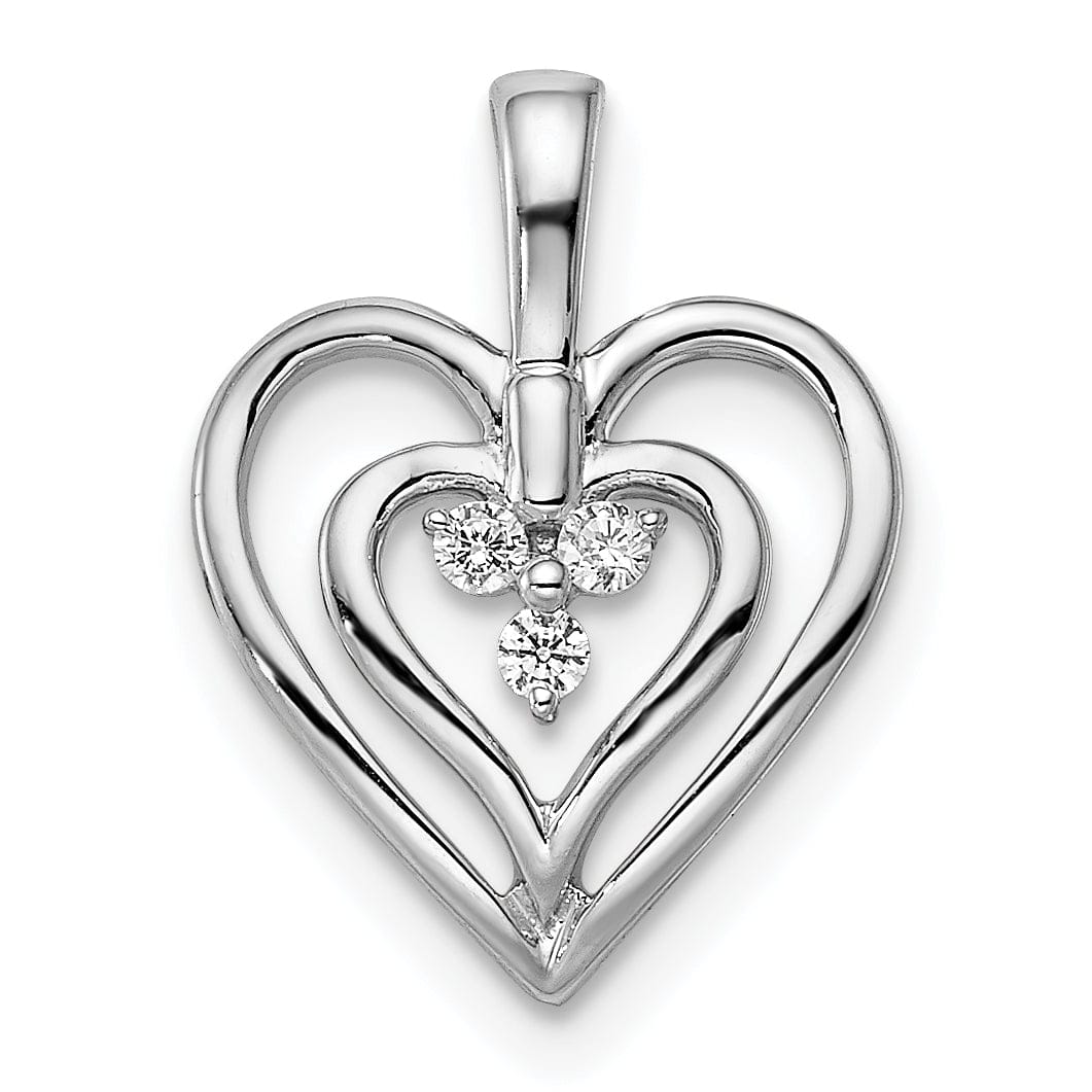14k White Gold Polished Finish Women's Double Heart 0.056-CT 3-Diamond Fancy Design Charm Pendant