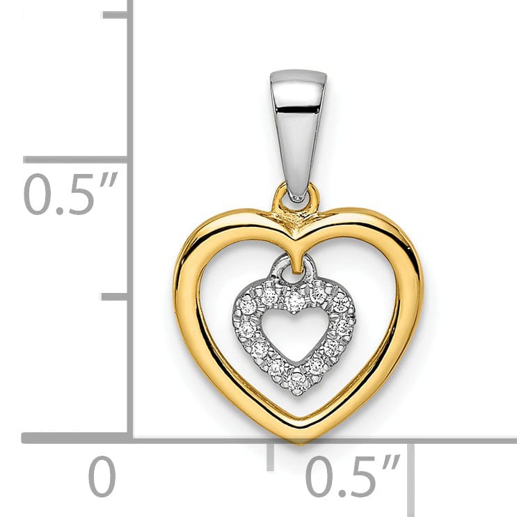 14k Two Tone Gold Closed Back Polished Finish Women's Heart with Dangle Heart Design 0.045-CT Diamond Charm Pendant