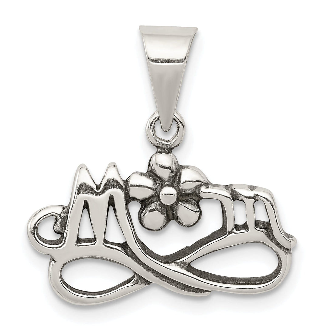 Silver Antiqued Mom with Flower Design Pendant