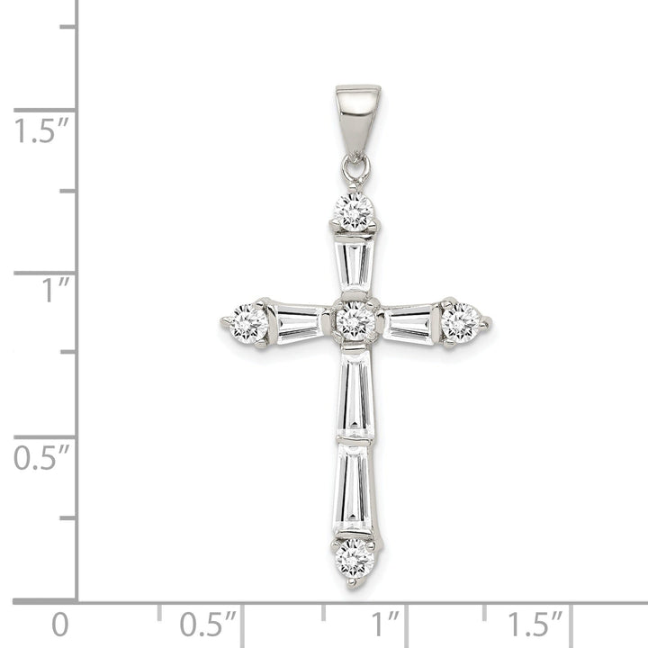 Silver Polish Baguette Round C.Z Cross Pendant