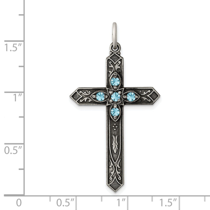 Silver Antique March Birthstone Cross Pendant