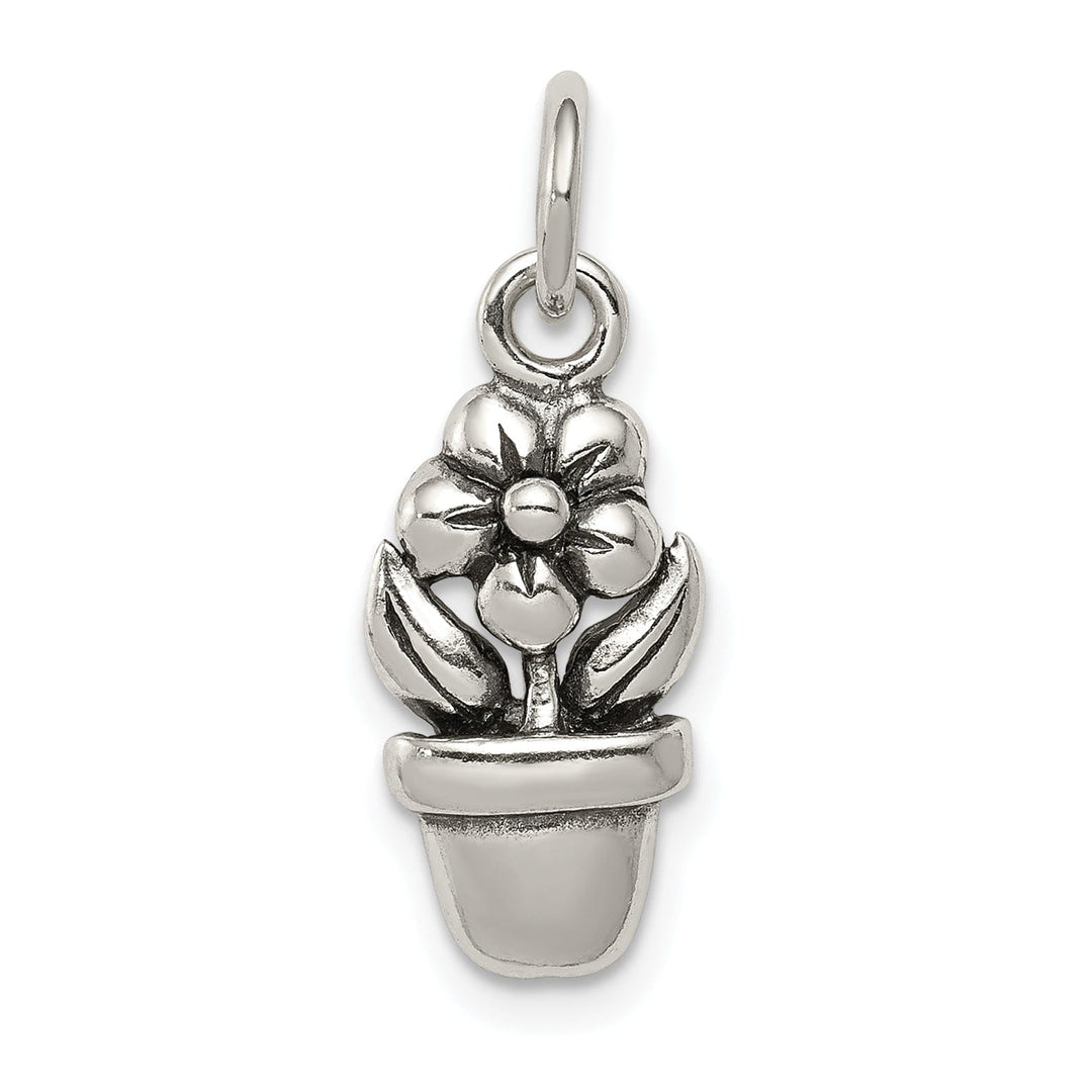 Silver Polished Antique Flower in a Pot Charm