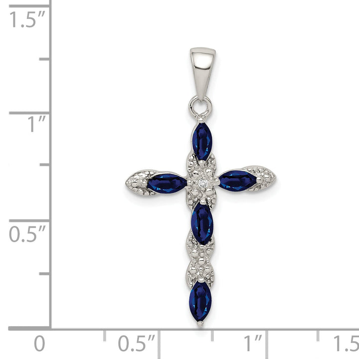 Silver Polished Sapphire Diamond Cross Pendant