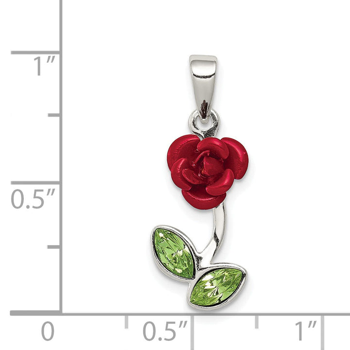 Silver Polished Red Enamel Green Rose Charm
