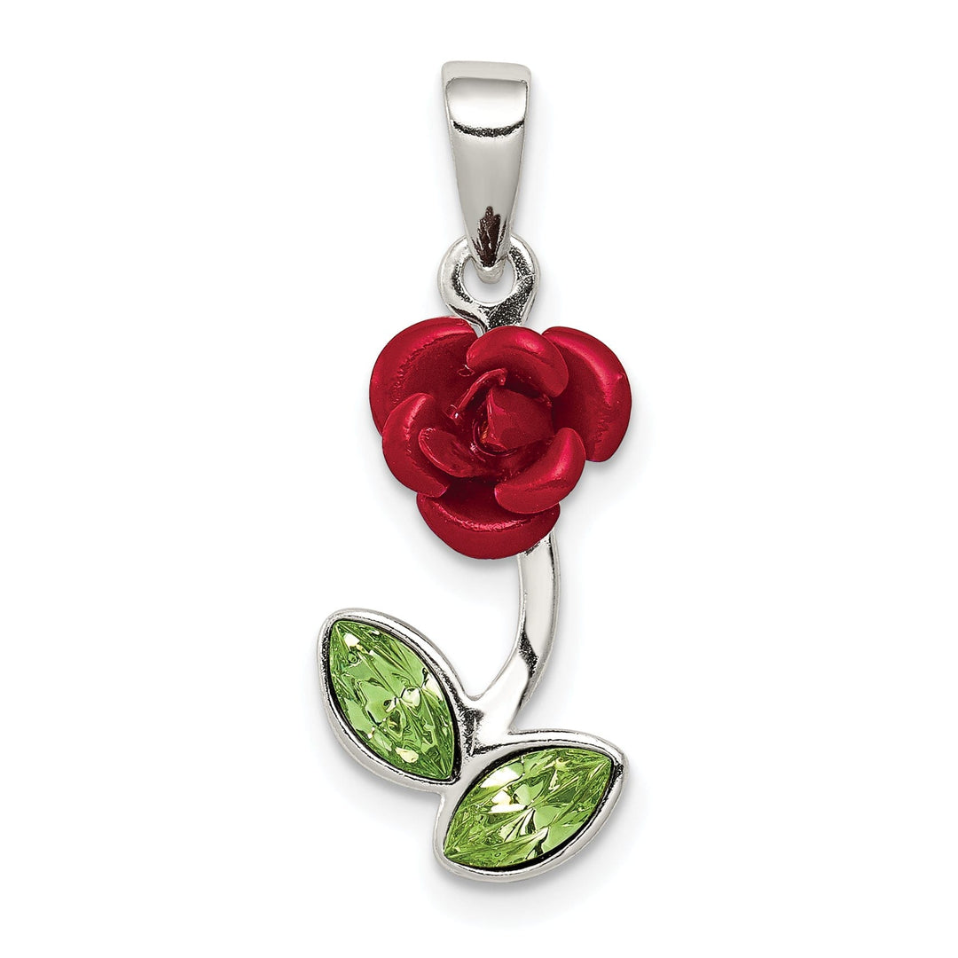 Silver Polished Red Enamel Green Rose Charm