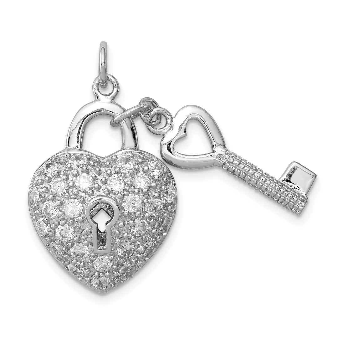 Silver Polished C.Z Heart and Key Charm Pendant