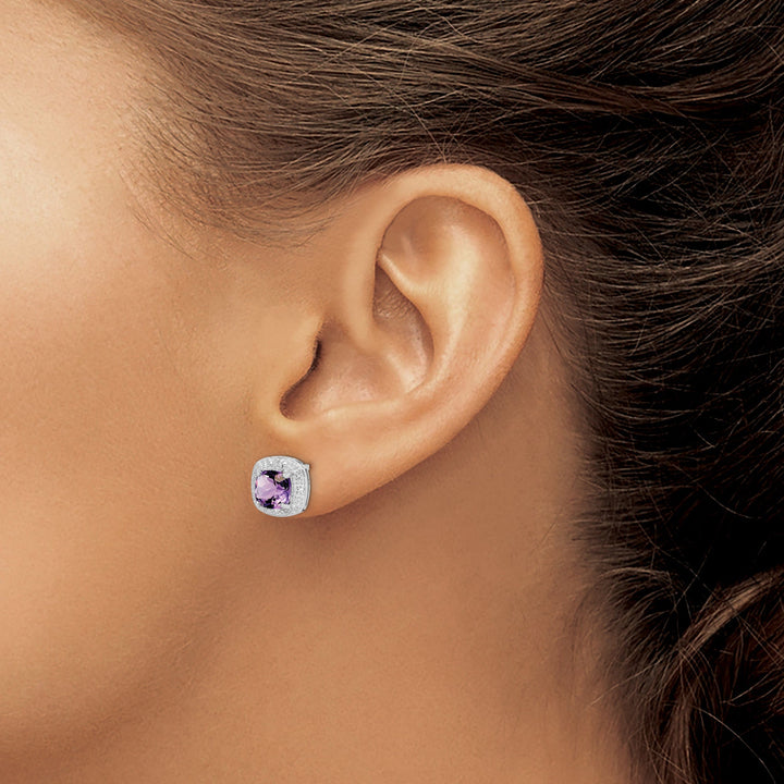 Silver Purple Amethyst Diamond Post Earrings