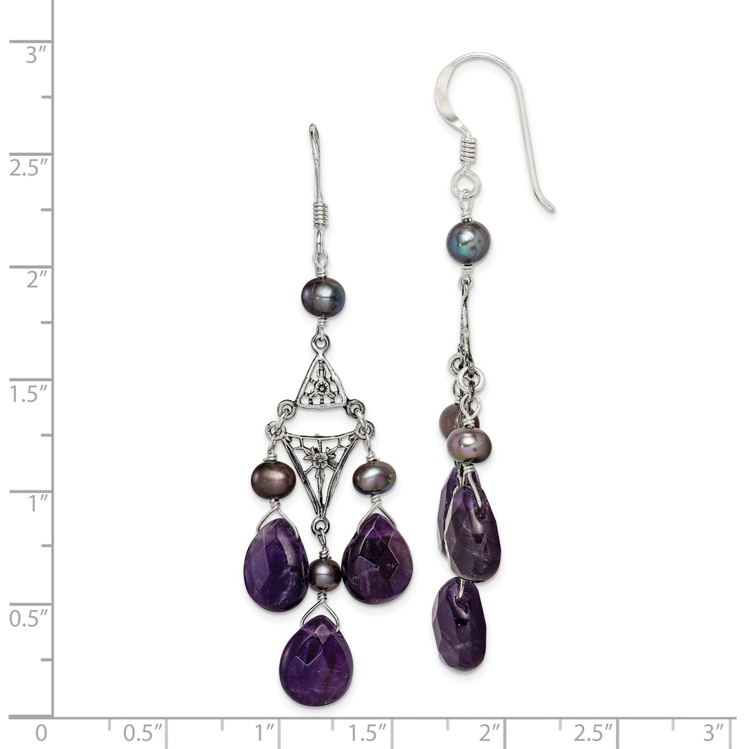 Silver Amethyst Peacock Pearl Dangle Earrings