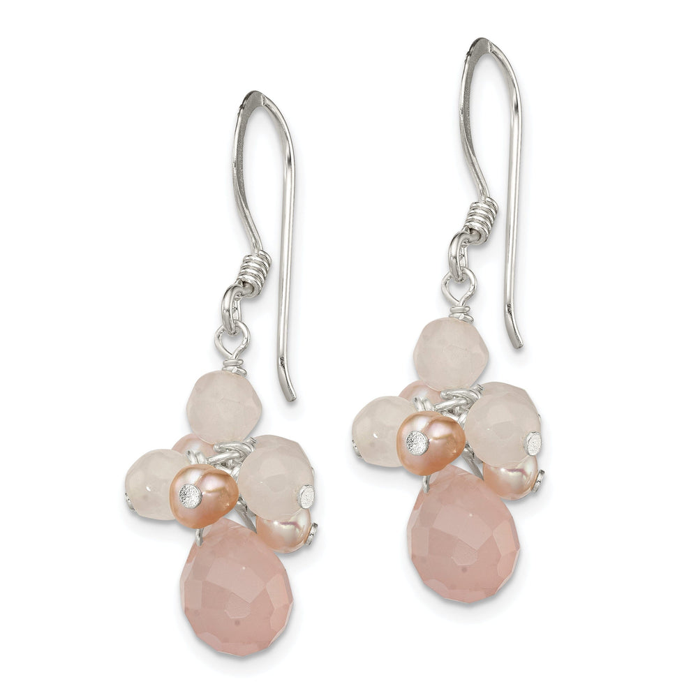 Silver Rose Quartz Pink Pearl Dangle Earrings