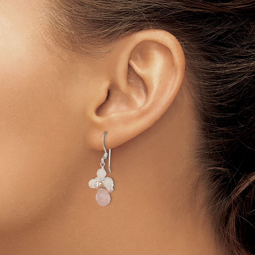 Silver Rose Quartz Pink Pearl Dangle Earrings