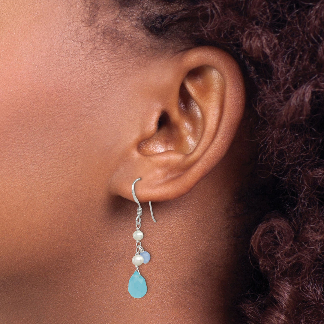 Silver Blue Agate Topaz Pearl Dangle Earrings