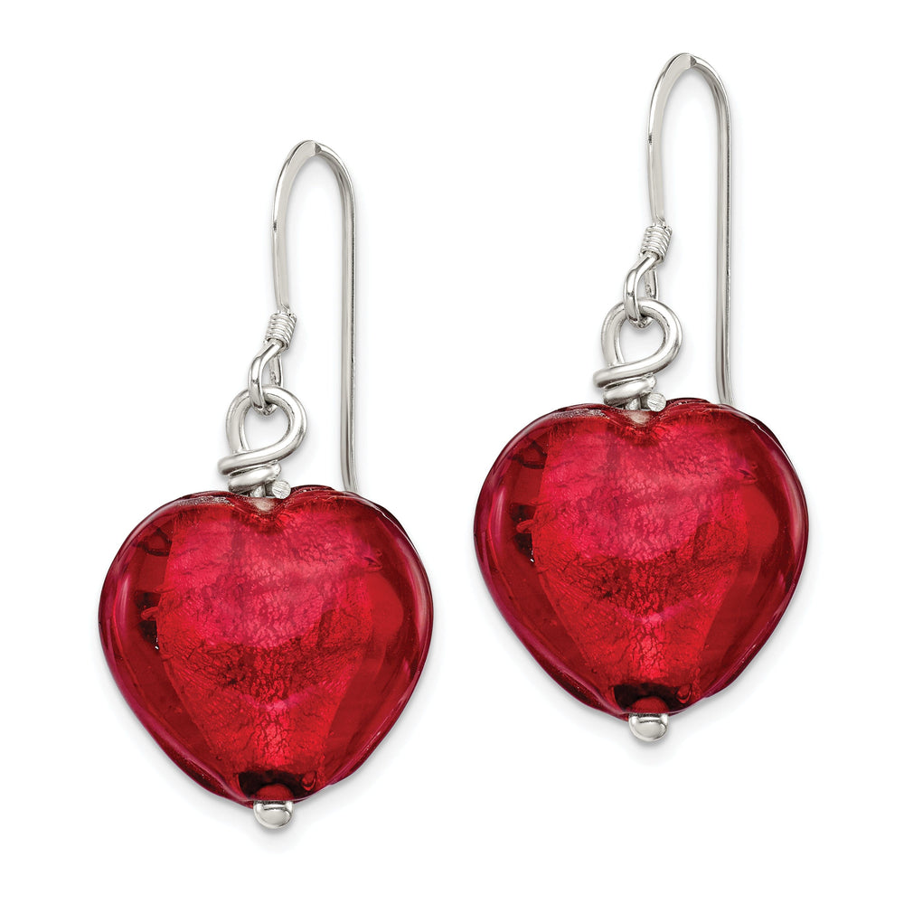Silver Red Murano Glass Dangle Heart Earrings