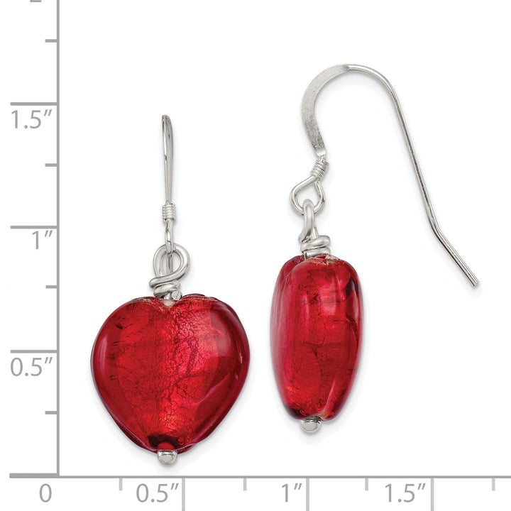 Silver Red Murano Glass Dangle Heart Earrings