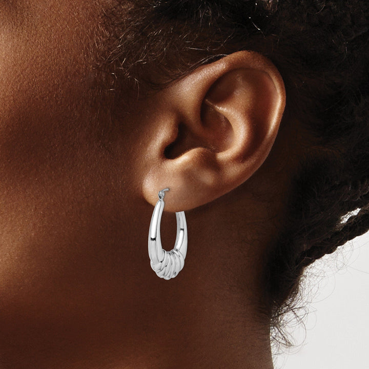 Silver Rhodium Polished Scalloped Oval Hoop Earrings