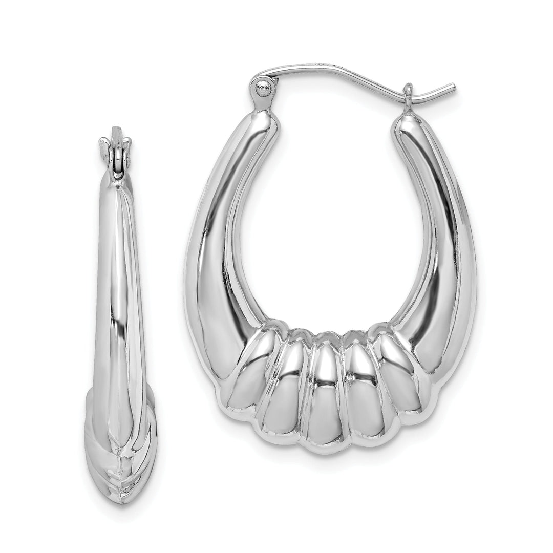 Silver Rhodium Polished Scalloped Oval Hoop Earrings